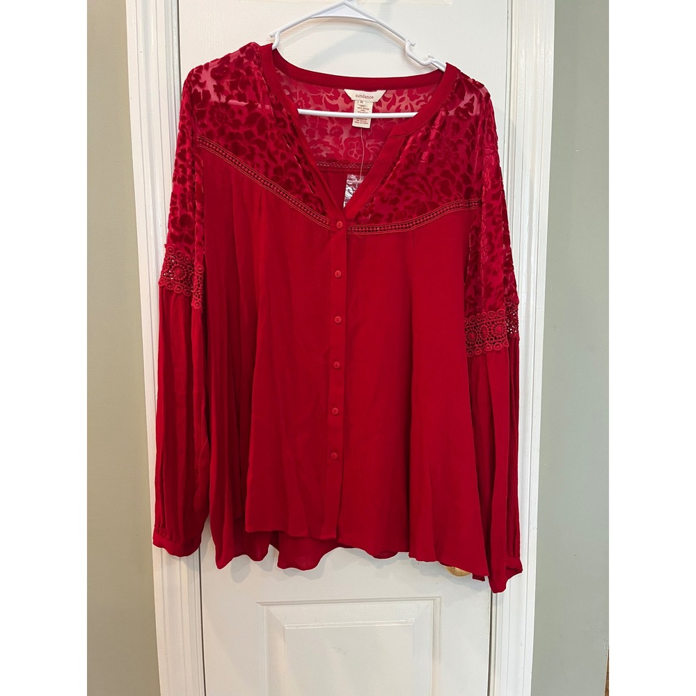 Sundance Red Burnout Velvet Crochet‎ Lace Silk Trim Blouse XL Boho Button  b3